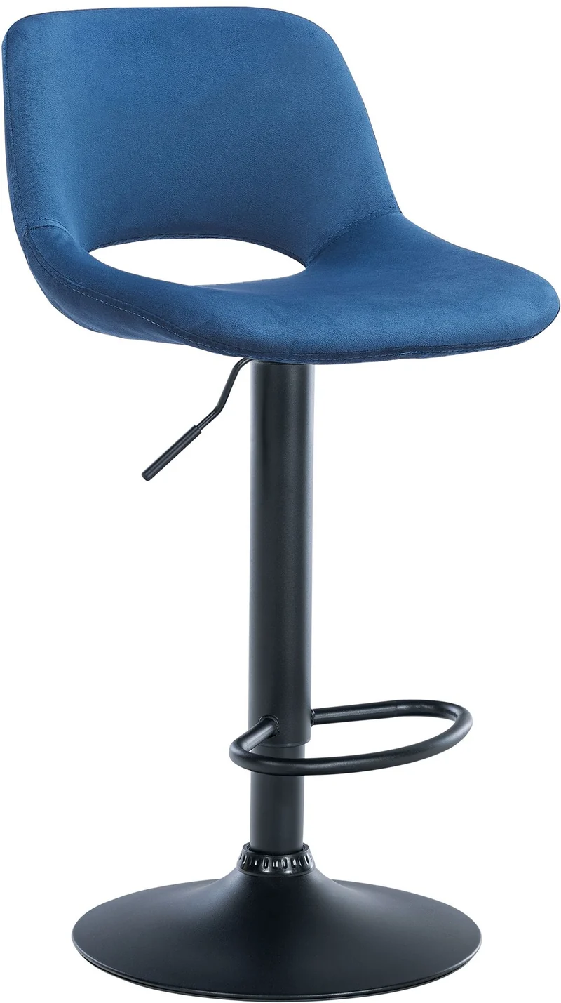 Tabouret de bar chaise haute x1 avec repose-pieds en velours bleu piètement métallique noir 10_0004598