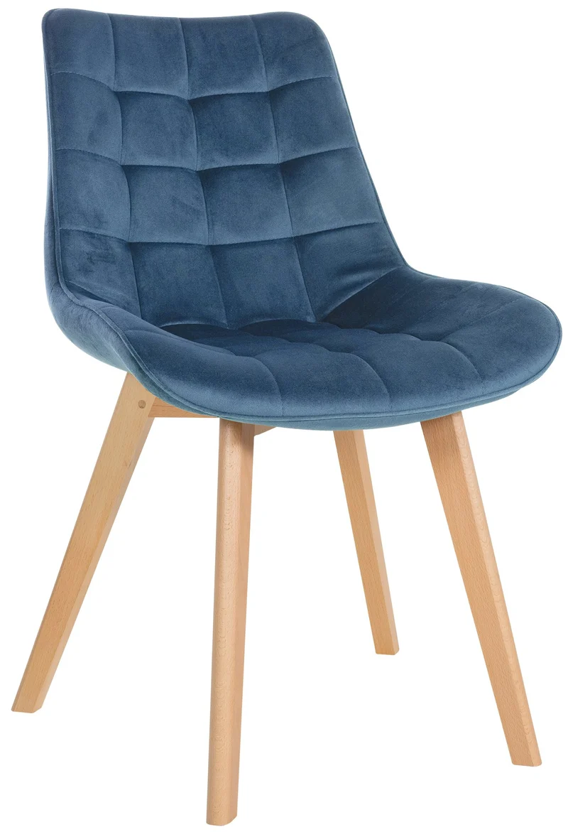 Chaise de salle à manger x1 design scandinave coutures carrées en velours bleu pieds en bois clair 10_0002185