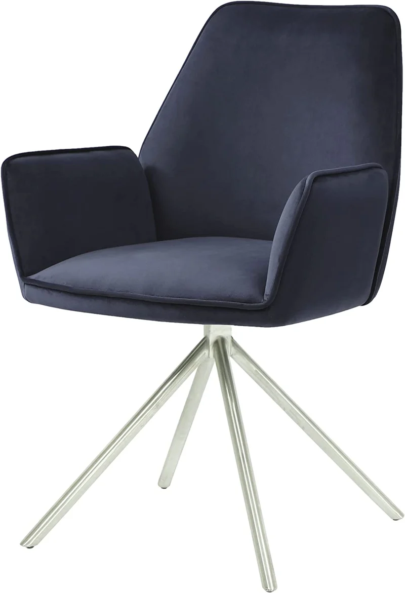 Chaise fauteuil rembourré salon bureau avec accoudoirs rotation 90° en velours bleu foncé pieds acier FAL04039