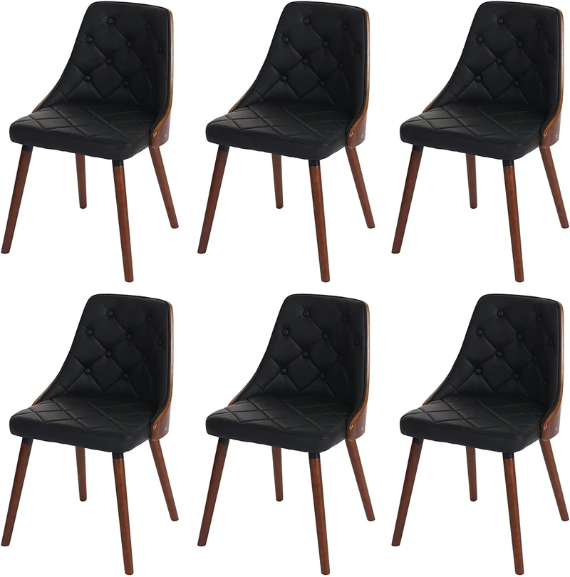 Lot de 6 chaises de salle à manger capitonné design chic en bois noyer et assise en synthétique noir CDS04668