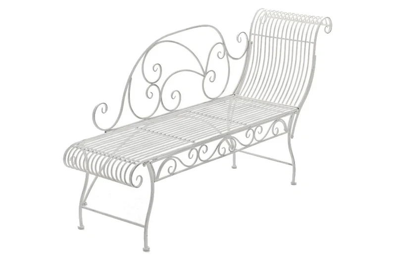 Banc de jardin banquette design en fer forgé blanc vieilli dossier côté droit 156x46 cm MDJ10190