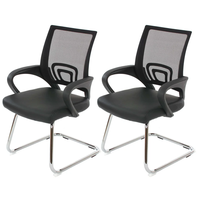 2x fauteuils chaises de bureau sans roulettes chaise de conférence visiteur en synthétique et maille noir 04_0000180