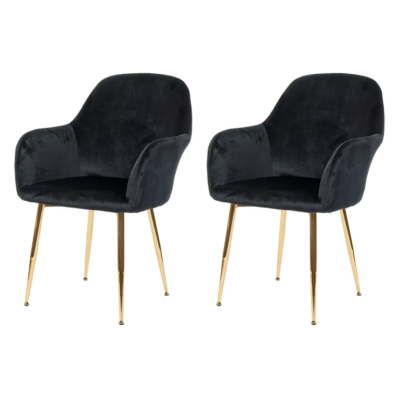 Lot de 2 chaises de salle à manger design rétro en tissu velours noir pieds métal dorés 04_0000380