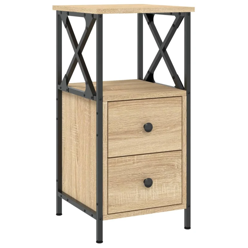 Table de chevet avec deux tiroirs et étagère 34 x 35,5 x 70 cm bois d'ingénierie couleur chêne et fer DEC033805
