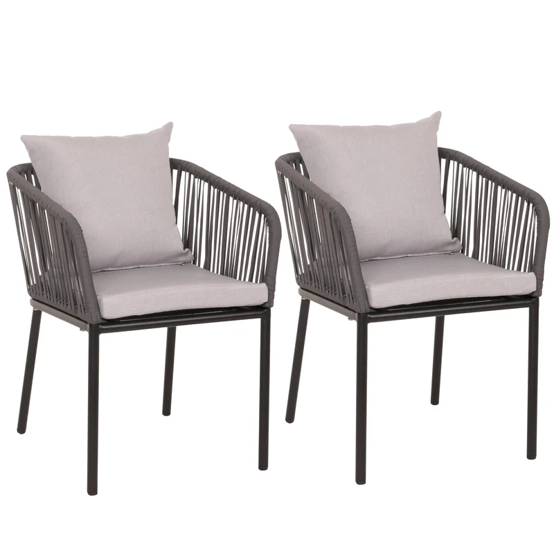 Lot de 2 chaises de jardin avec accoudoir cadre en aluminium anthracite corde en maille coussin gris clair 04_0007307