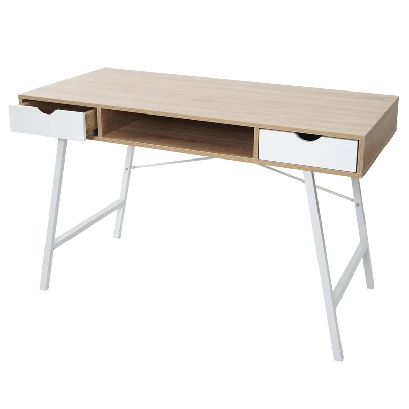 Bureau table d'ordinateur design scandinave avec 2 tiroirs 120x60cm en MDF blanc et brun naturel 04_0001440