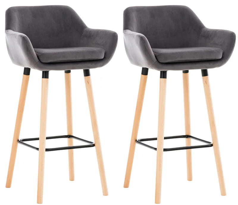 Lot de 2 tabourets de bar en velours gris pieds en bois avec repose-pieds et accoudoirs style rétro moderne 10_0000320