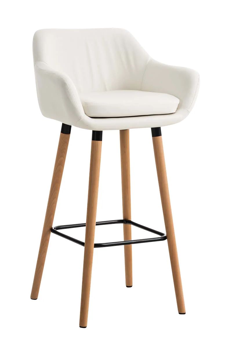 Tabouret de bar lounge x1 design scandinave assise en PVC blanc pieds en bois repose-pieds en métal 10_0004909