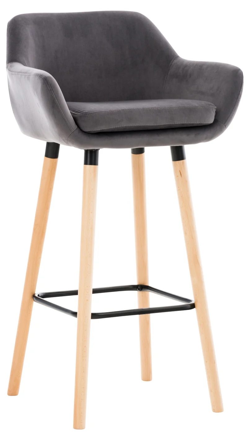 Tabouret de bar lounge x1 design scandinave assise en velours gris pieds en bois repose-pieds en métal 10_0004912
