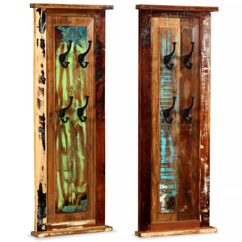 Lot de 2 portes-manteaux en bois de récupération massif avec 4 crochets 38 x 100 cm DEC024192