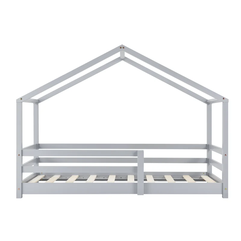 Lit cabane pour enfant forme de maison avec barrière de sécurité en bois de pin gris 90 x 200 cm 03_0005529