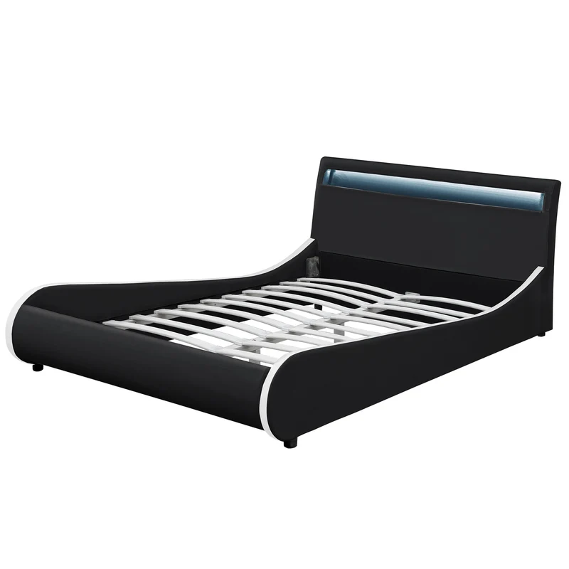 Lit double 2 personnes capitonné LED 180 x 200 cm en cuir synthétique noir avec sommier à lattes 03_0005334