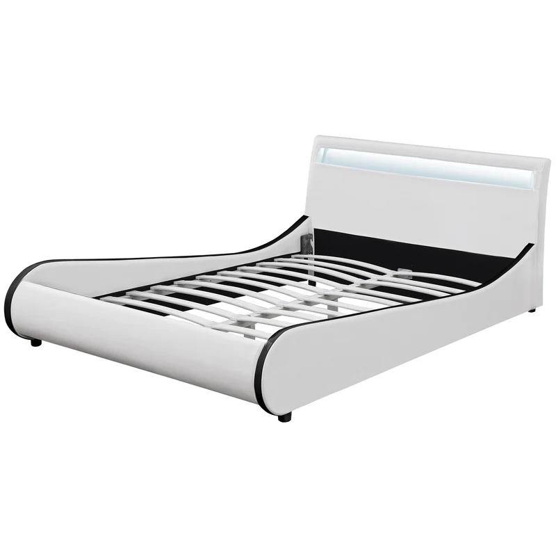 Lit double 2 personnes capitonné LED 180 x 200 cm en cuir synthétique blanc avec sommier à lattes 03_0005324