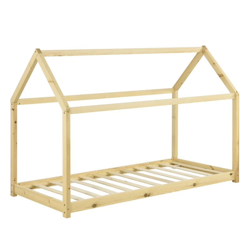 Lit pour enfant forme maison cabane en bois naturel avec sommier à lattes 90 x 200 cm 03_0002712