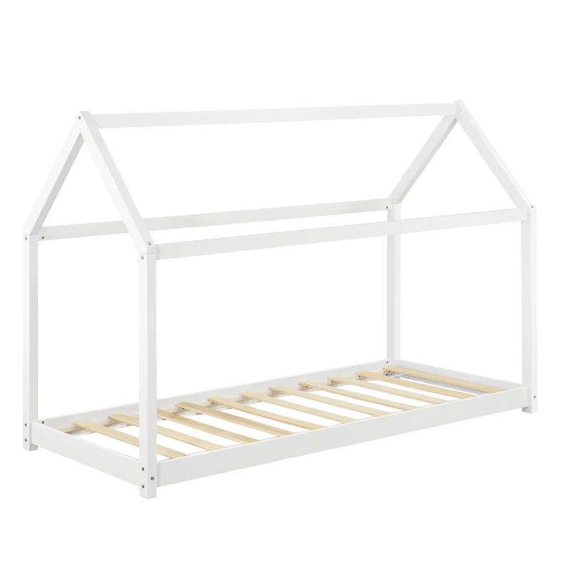 Lit pour enfant forme maison cabane en bois blanc avec sommier à lattes 90 x 200 cm 03_0002711