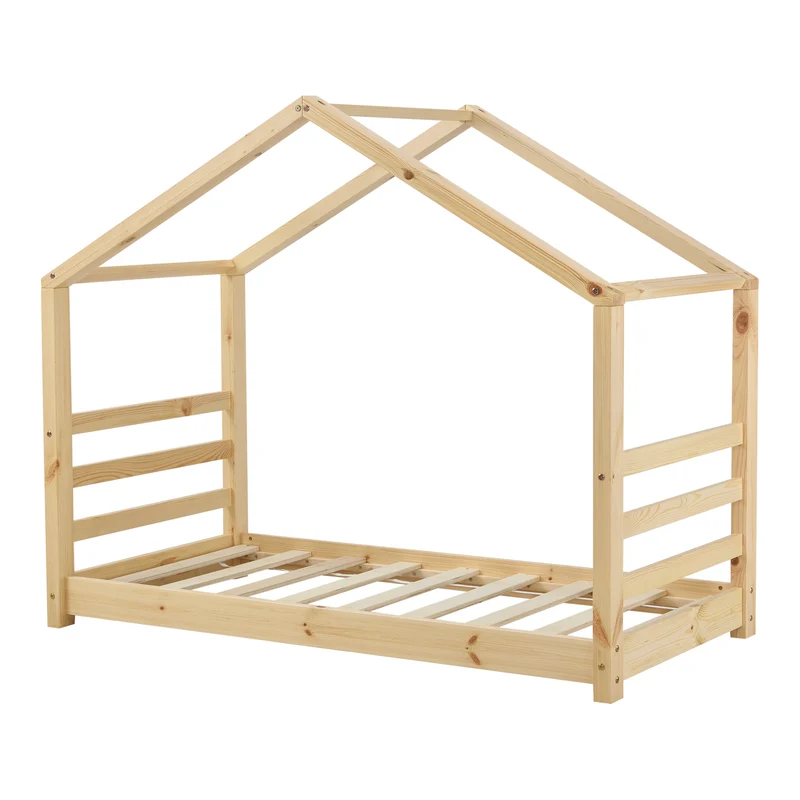 Lit pour enfant cabane maison avec sommier à lattes bois de pin naturel 80 x 160 cm 03_0005499