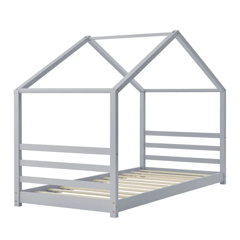Lit pour enfant cabane maison avec sommier à lattes bois de pin gris 90 x 200 cm 03_0005506