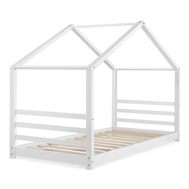 Lit pour enfant cabane maison avec sommier à lattes bois de pin blanc 90 x 200 cm 03_0002644