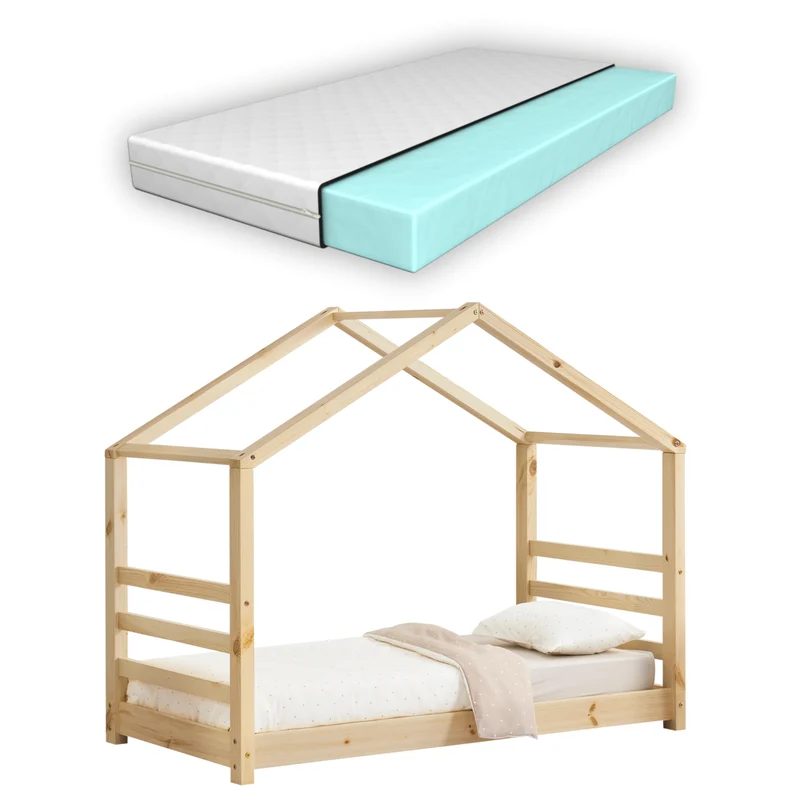 Lit pour enfant cabane maison avec matelas et sommier à lattes bois de pin naturel 80 x 160 cm 03_0005495