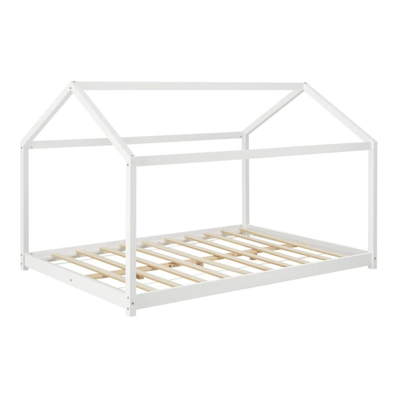 Lit pour enfant en forme de maison avec sommier à lattes en pin blanc 140 x 200 cm 03_0005406