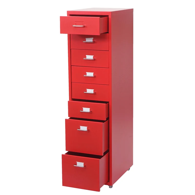 Caisson à tiroirs sur roulettes rangement bureau 8 tiroirs 110x28x41cm en acier rouge 04_0004356