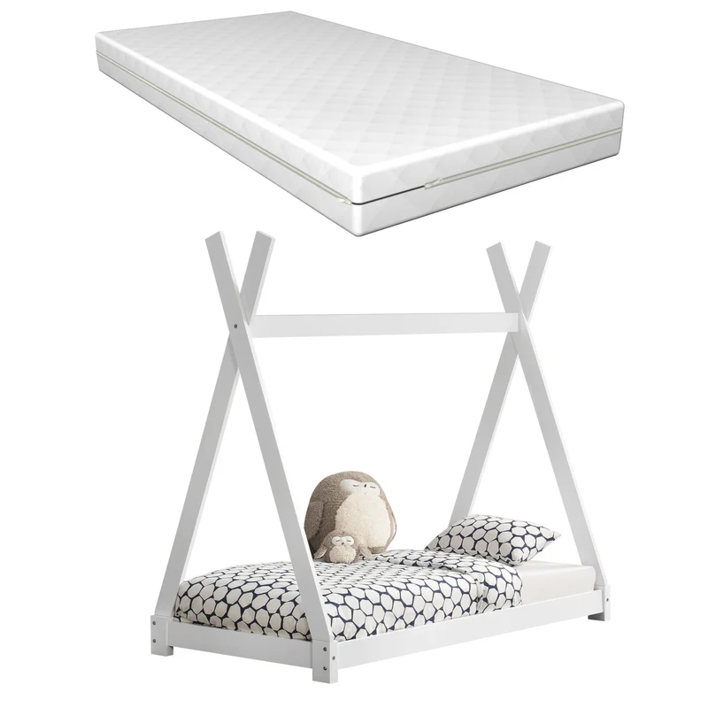 Lit tipi pour enfant avec matelas et sommier à lattes bois de pin blanc 80x160 cm 03_0002646