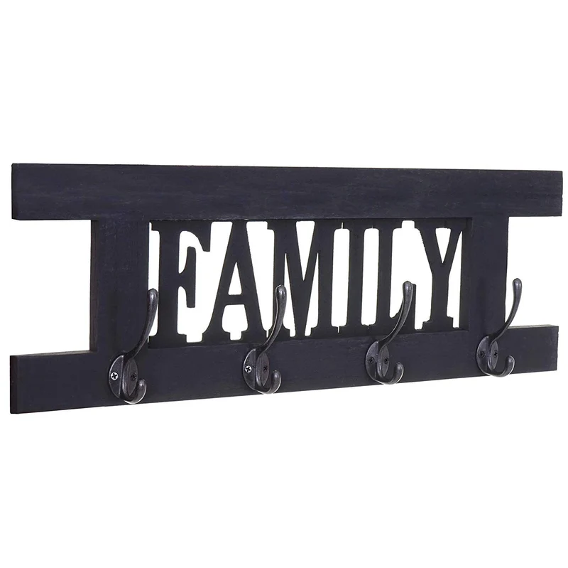 Porte-manteau mural patère en bois gris foncé vintage family avec 4 crochets 20,5x60x1,5 cm MED04065