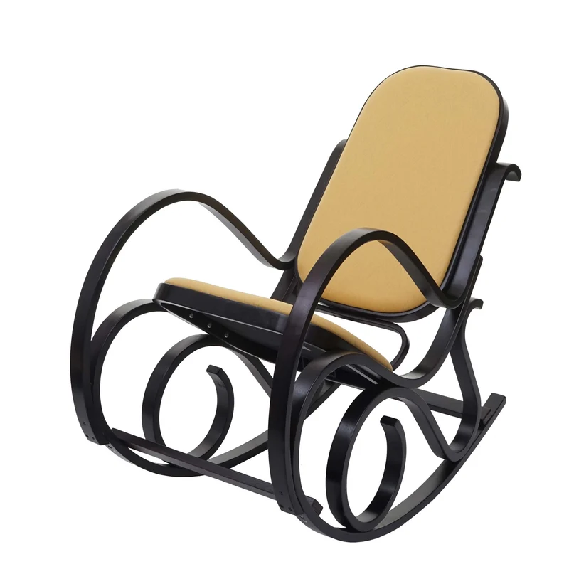 Fauteuil à bascule rocking chair en bois foncé assise en tissu jaune FAB04030
