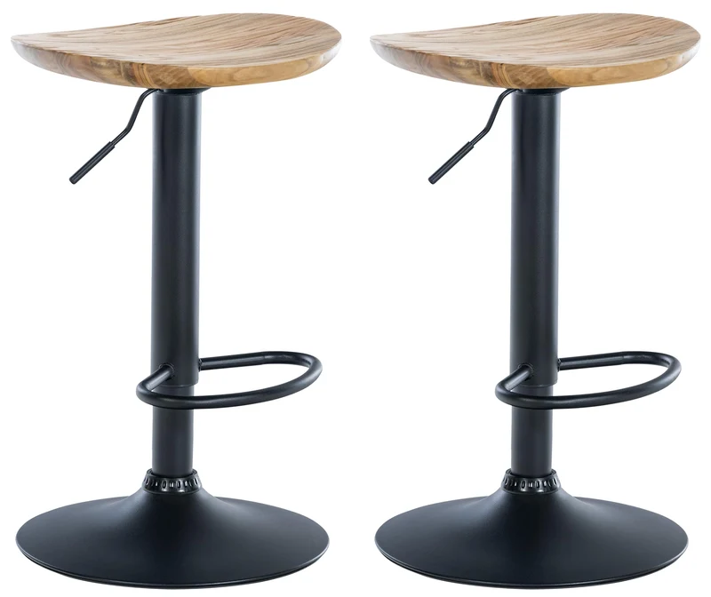 Lot de 2 tabourets de bar en bois massif clair et métal noir design rustique TDB10598