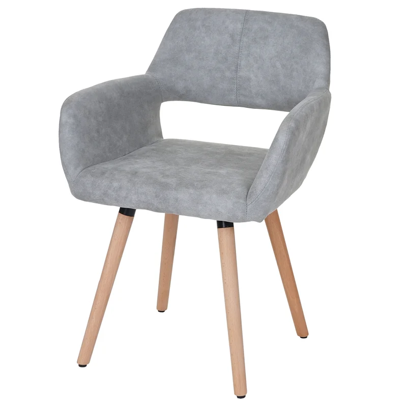 Chaise de salle à manger bureau visiteur sans roulette design rétro en tissu gris pied en bois clair 04_0002154