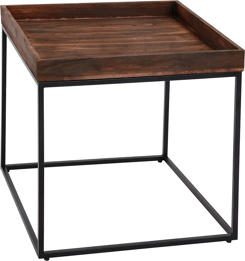 Table d'appoint table basse bout de canapé en bois de paulownia marron foncé et métal 60x60x60cm MED04076
