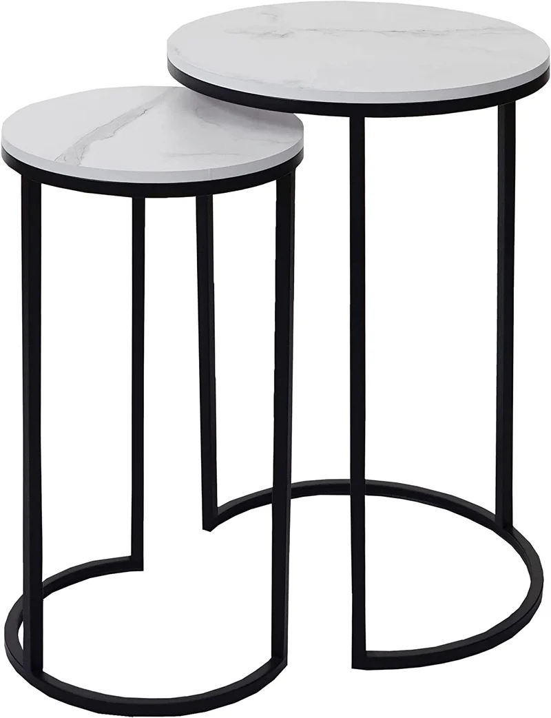 Ensemble de 2 tables d'appoint aspect support plante bouts de canapés marbre MDF blanc et noir TAB04014