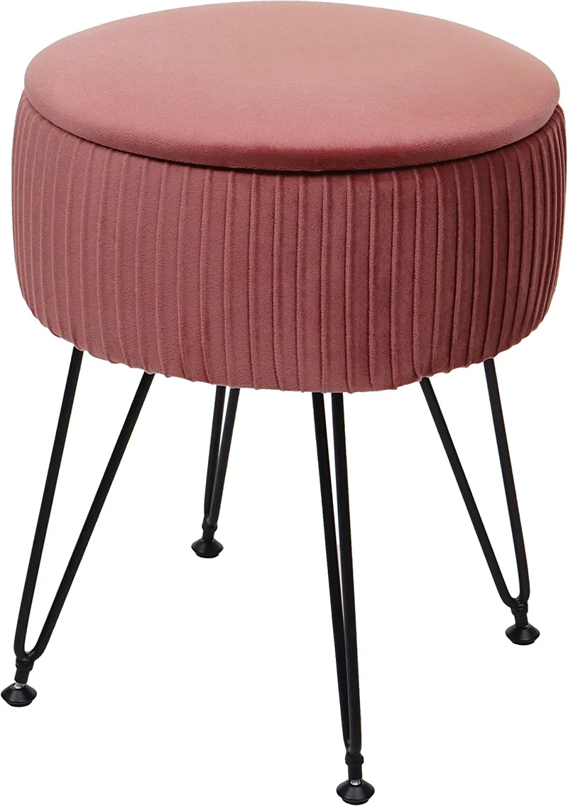 Tabouret avec compartiment de rangement Ø 33cm aspect velours rose cadre noir TABO04016