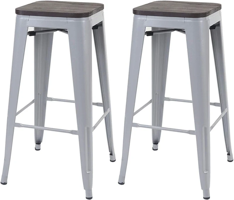 Lot de 2 tabourets de bar style industriel factory en métal gris assise en bois TDB04045