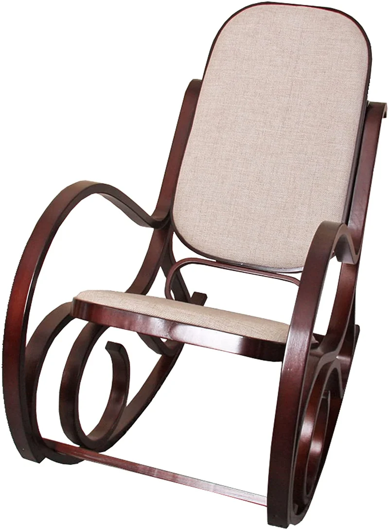 Fauteuil à bascule rocking chair en bois foncé assise en tissu beige FAB04043