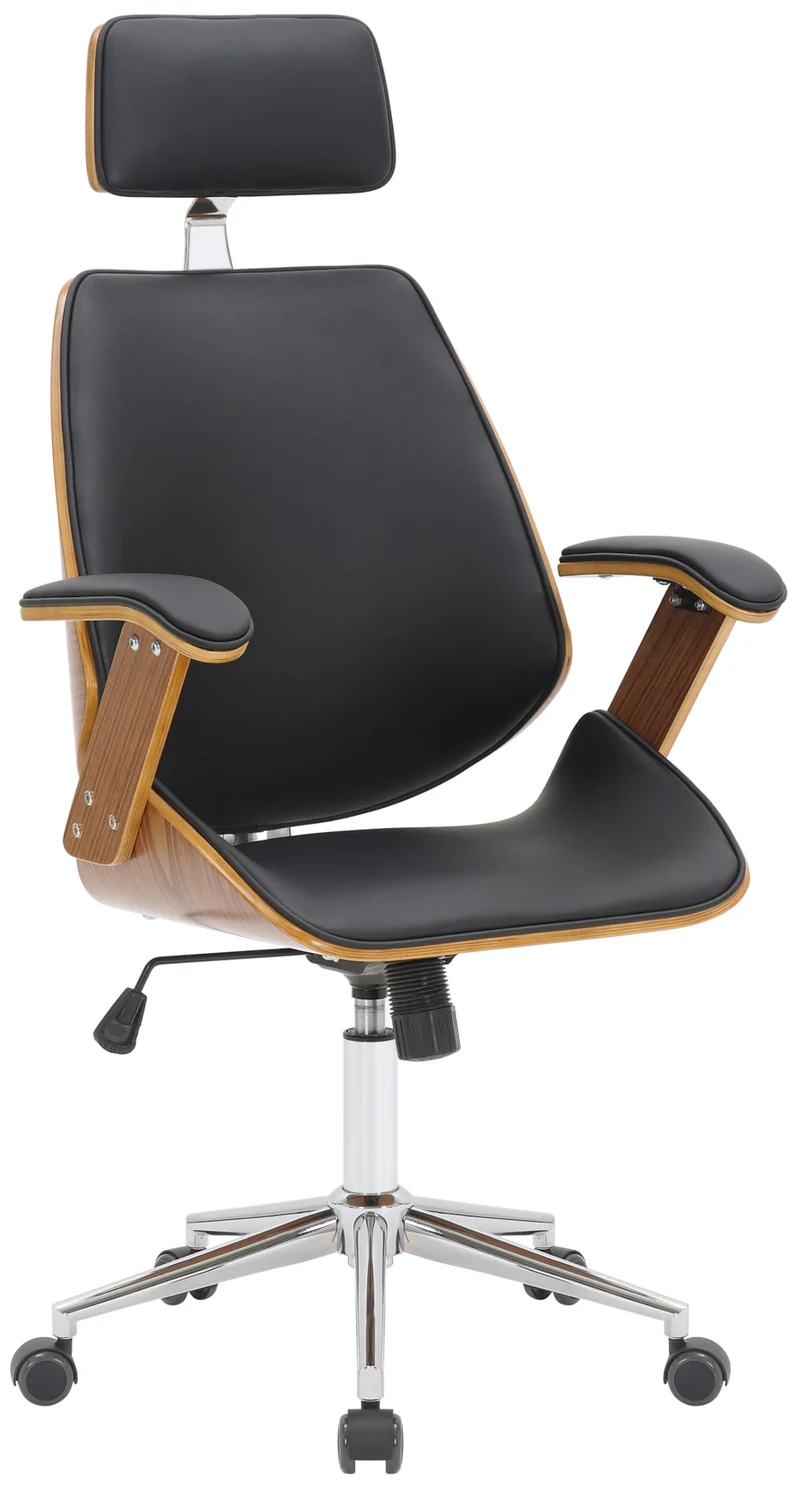 Fauteuil de bureau sur roulettes en bois courbé et synthétique noir hauteur réglable et pivotant BUR10659