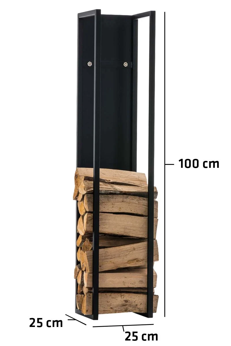 Range-bûches étagère en métal noir bois de cheminée 25x25x100 cm DEC10016