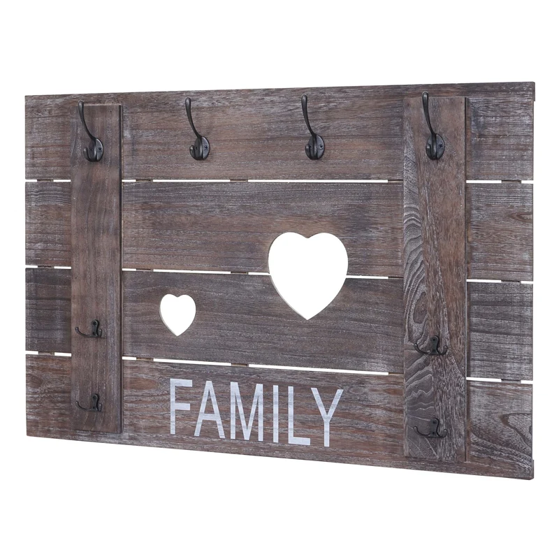 Porte-manteau mural Family panneau mural style vintage avec 8 crochets 60x90cm en bois marron 04_0001005
