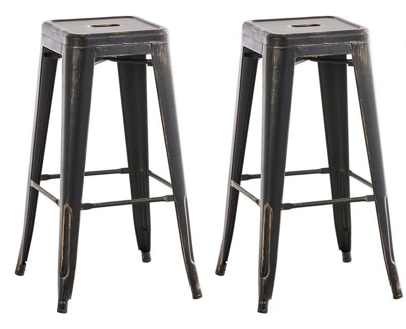 Lot de 2 tabourets de bar style industriel en métal avec repose-pieds noir or vieilli vintage TDB10115