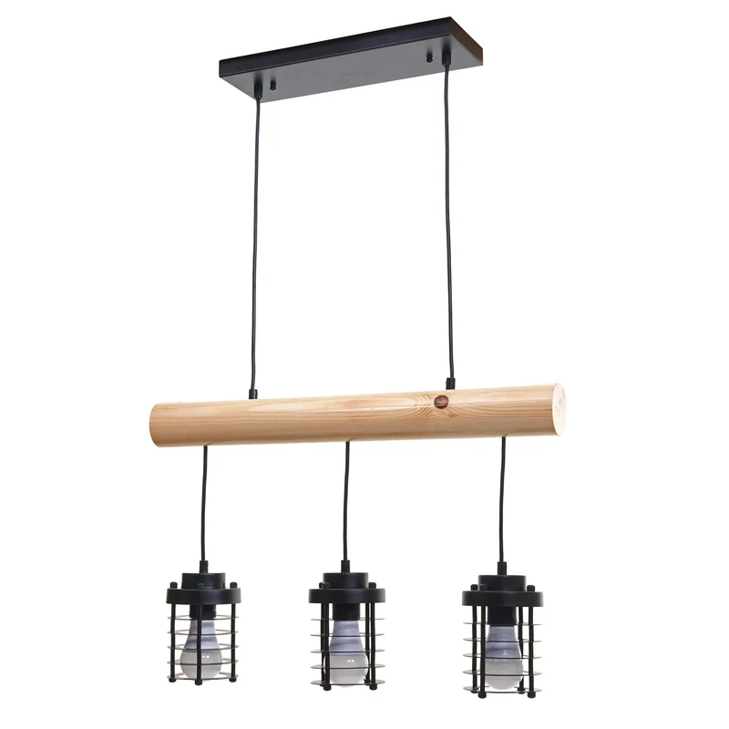 Suspension lampe suspendue suspension design industriel vintage bois massif métal noir 3 abat-jour 04_0004049