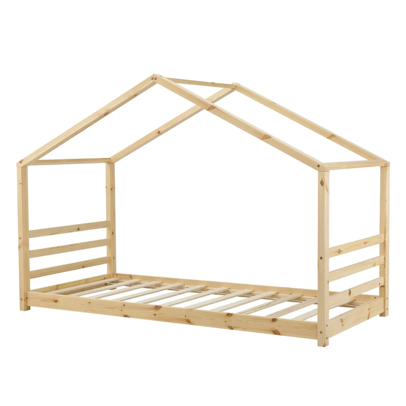 Lit pour enfant cabane maison avec sommier à lattes bois de pin naturel 90 x 200 cm 03_0005500