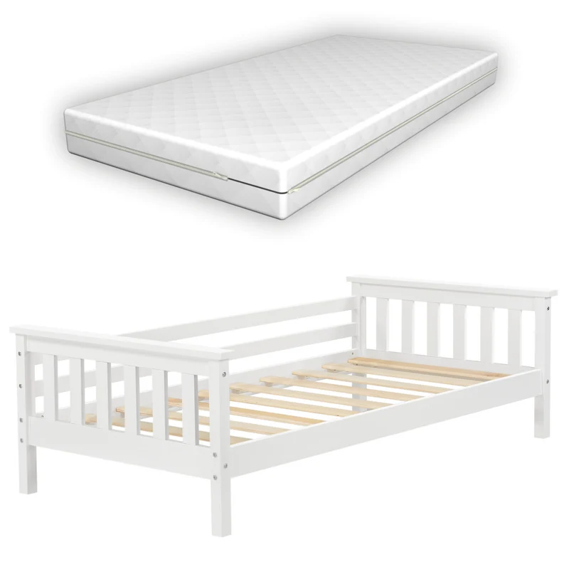 Lit pour enfant avec matelas et sommier à lattes en bois de pin naturel 80 x 160 cm 03_0005453