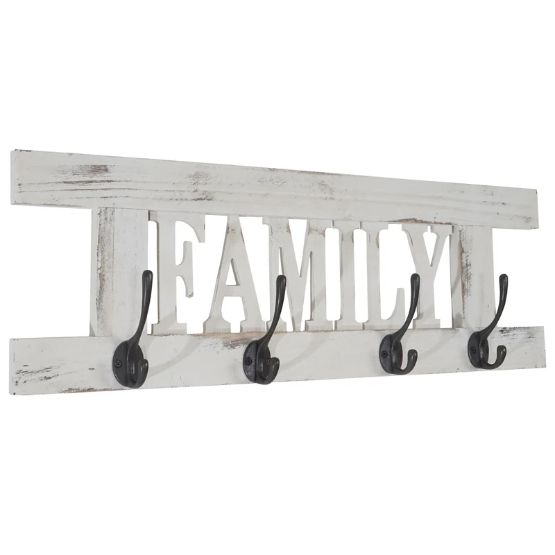 Porte-manteau mural patère en bois blanc vintage avec 4 crochets 20,5x60x1,5 cm MED04050