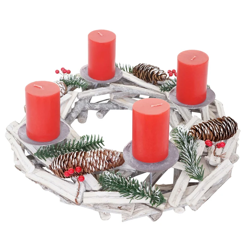 Couronne de l'Avent ronde décoration de table Noël en bois Ø 40cm blanc-gris avec bougies rouge 04_0002568