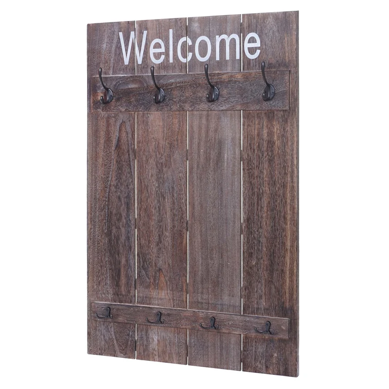 Porte-manteau mural panneau Welcome style vintage avec 8 crochets 91x60cm marron naturel 04_0001001