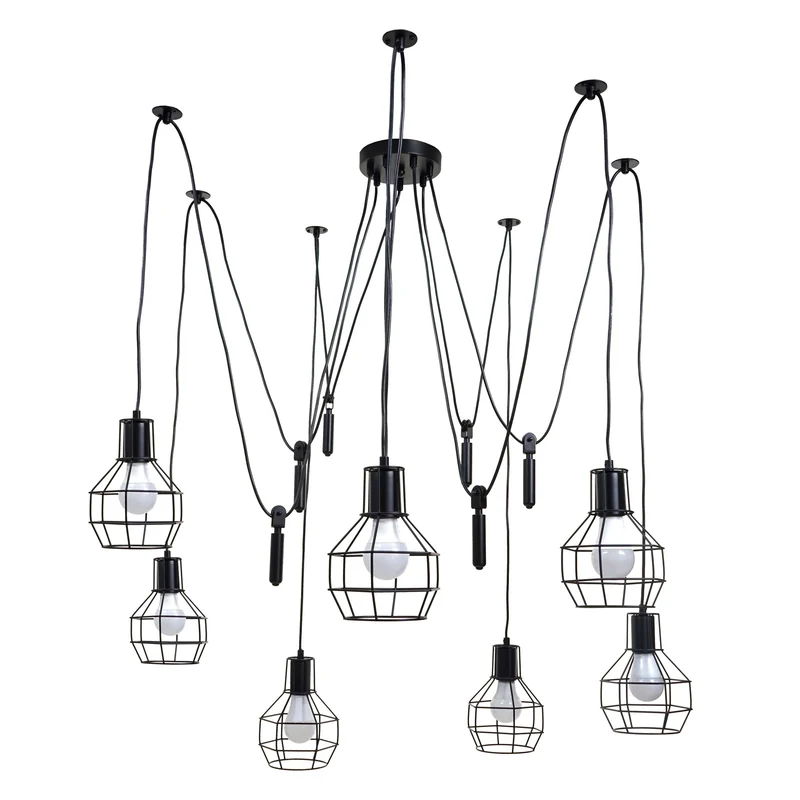 Suspension lampe suspendue lampe suspendue hauteur réglable en métal industriel noir 7x abat-jour en treillis 04_0004053