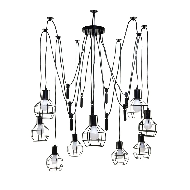 Suspension lampe suspendue lustre hauteur réglable en métal industriel noir 9x abat-jour en treillis 04_0004057