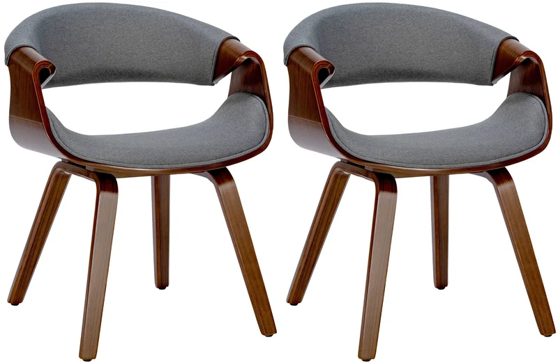 Lot de 2 chaises de la salle à manger design retro en structure en bois couleur noyer et assise en tissu gris 10_0001541
