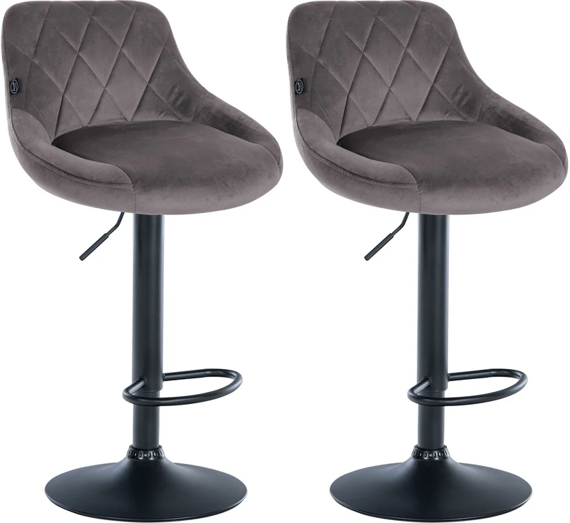 Set de 2 tabourets de bar coutures décoratives losanges assise en velours gris et cadre en métal noir TDB10779