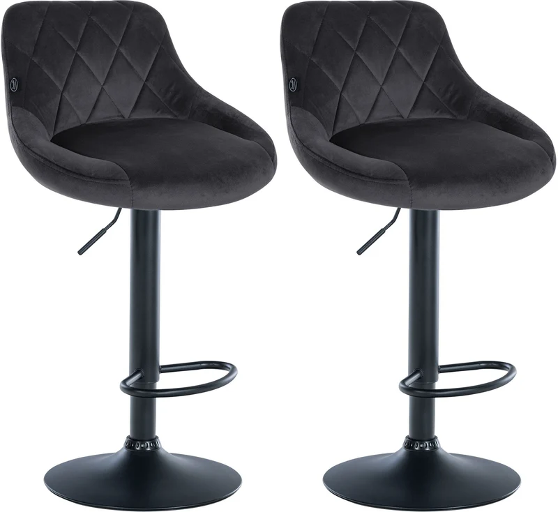 Set de 2 tabourets de bar coutures décoratives losanges assise en velours gris foncé et cadre en métal noir TDB10777
